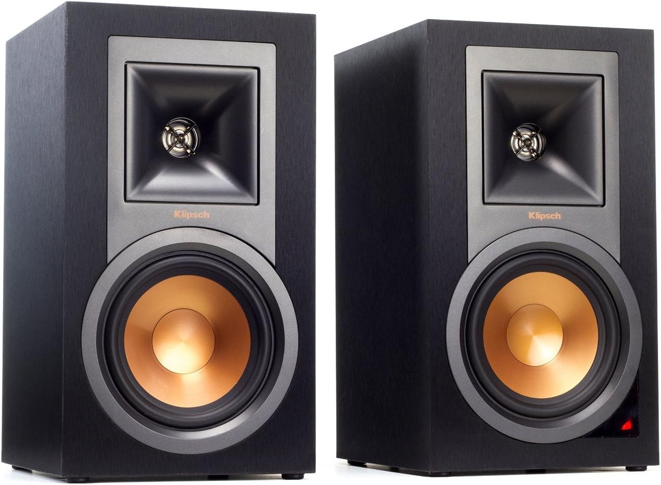 A pair of Klipsch R-15PM powered monitors in black, showcasing their copper spun woofers and Tractrix horns.