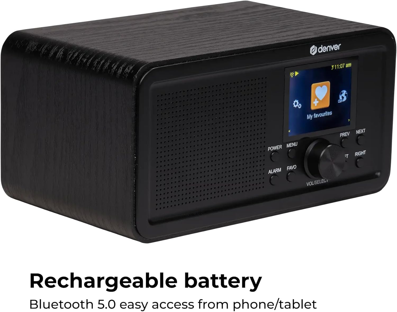 Denver DIR-200 Internet Radio angled view with screen showing 'My favourites' option