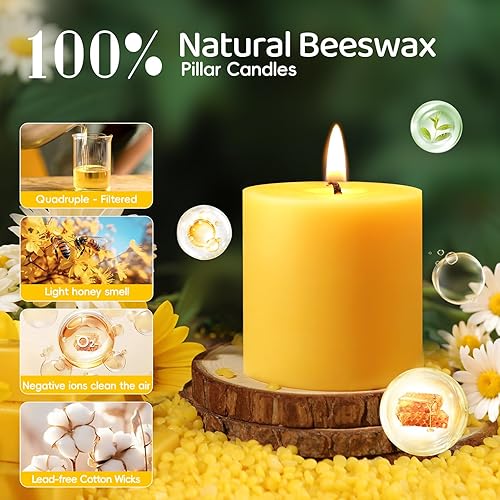 Miniatura 2 de Paquete de 4 velas de pilar de cera de abeja natural, velas de cera de abeja 100% pura de 2x2 pulgadas - 80 horas de combustión larga, velas de cera