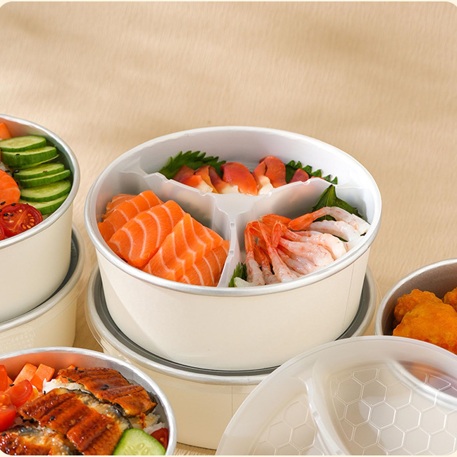 Confezione da 25 ciotole di carta usa e getta da 1500 ml, 3 sezioni, con coperchio trasparente | Contenitori da asporto a 3 scomparti, grandi, resistenti, a prova di perdite, per pasti, sushi, riso, catering