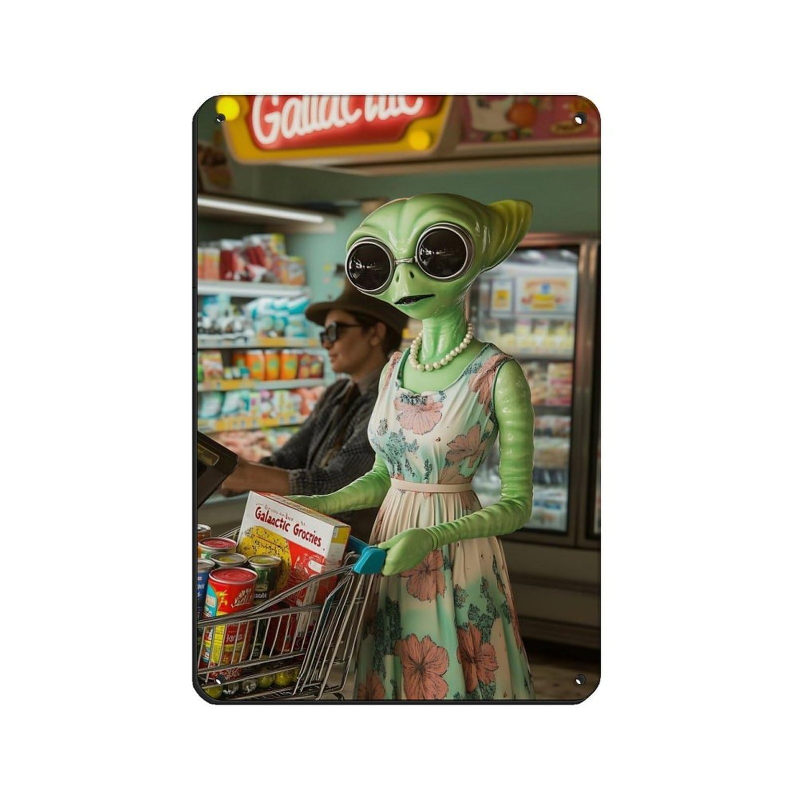 Lxwnze 20L X 30W Cm Alien Grocery Shopping,Retro Sci-Fi Home Tin Sign Vintage Metal Pub Club Cafe Bar Home Wall Art Decoration Poster Retro 8X12inch(20X30cm)