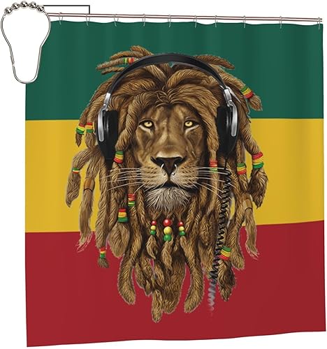 Miniatura 10 de Cortina de ducha impermeable con diseño de león de Judá Rastafara para bañera, 12 ganchos inoxidables para decorar el baño, 60 x 72 pulgadas