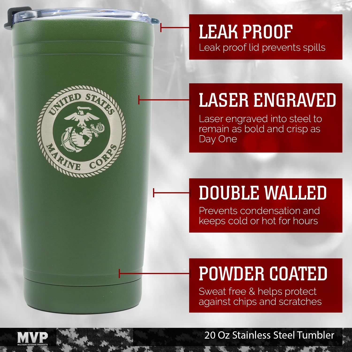Military Gift Shop 20oz Marine Corps Tumbler – Double Wall Vacuum Insulated Stainless Steel | USMC 20oz Tumbler Green - Image 3
