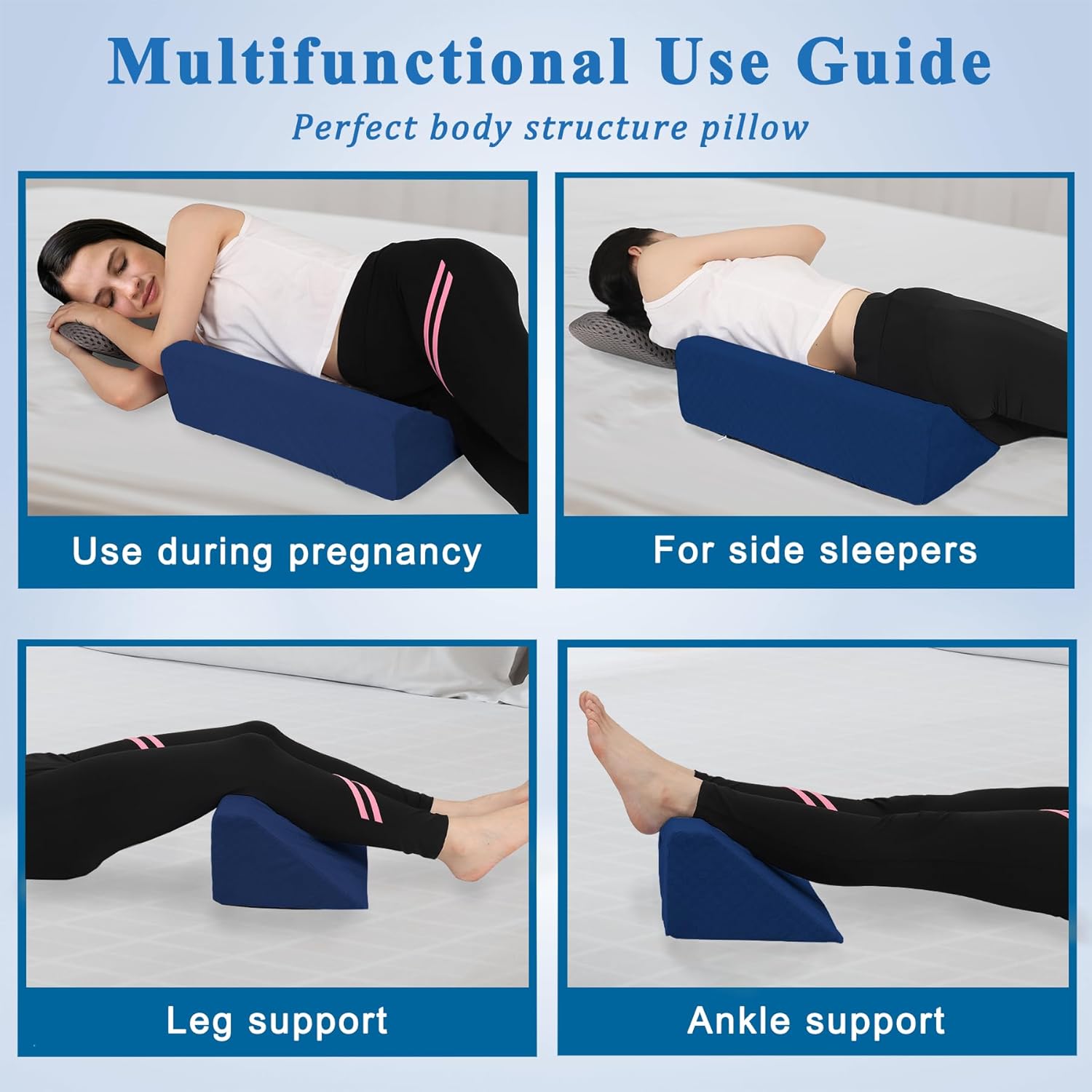 Bed Wedge Pillow for Side Sleeping Sponge Filled Body Positioning Triangle Pillow Suitable for Pregnancy and Surgery Prevent Bed Sore for Leg and Back Support with Pillow Case (Navy Blue)