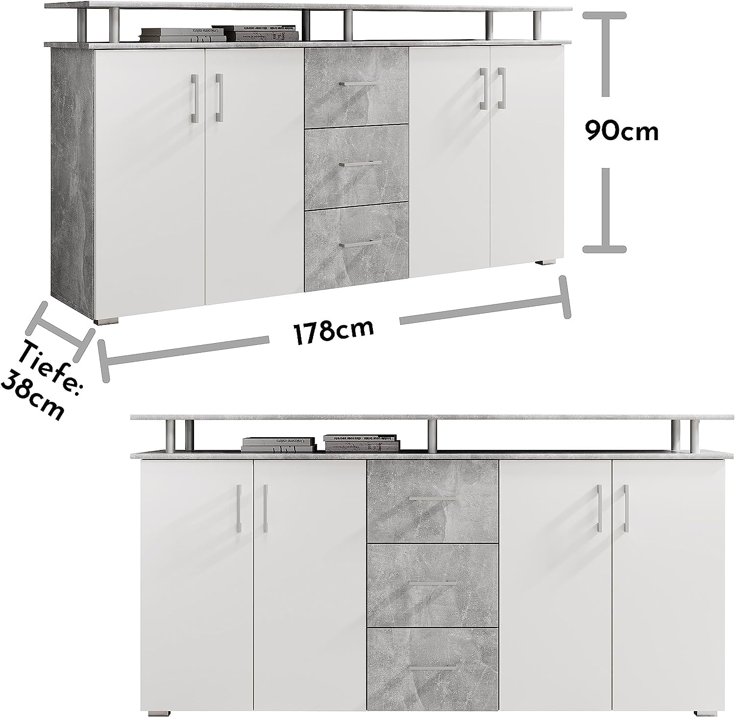 AVANTI TRENDSTORE - Lift - Comò spaziosa con 4 Ante a Battente e 3 cassetti, in Laminato Disponibile in 2 Diversi Colori, Dimensioni: Lap 176,5x90x38,5 cm (Grigio/Bianco)