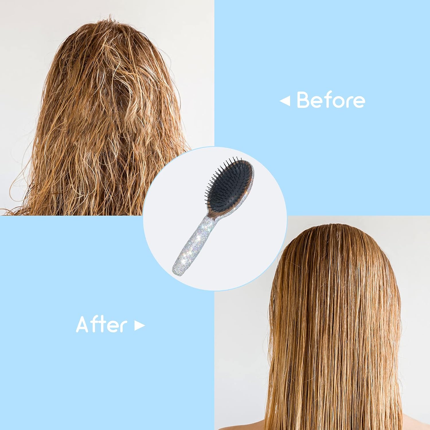 Bling Rhinestone Hair Brush Removing Tangles, Knots, Hair Massaging For Women,Girl Wet and Dry Hair (white)