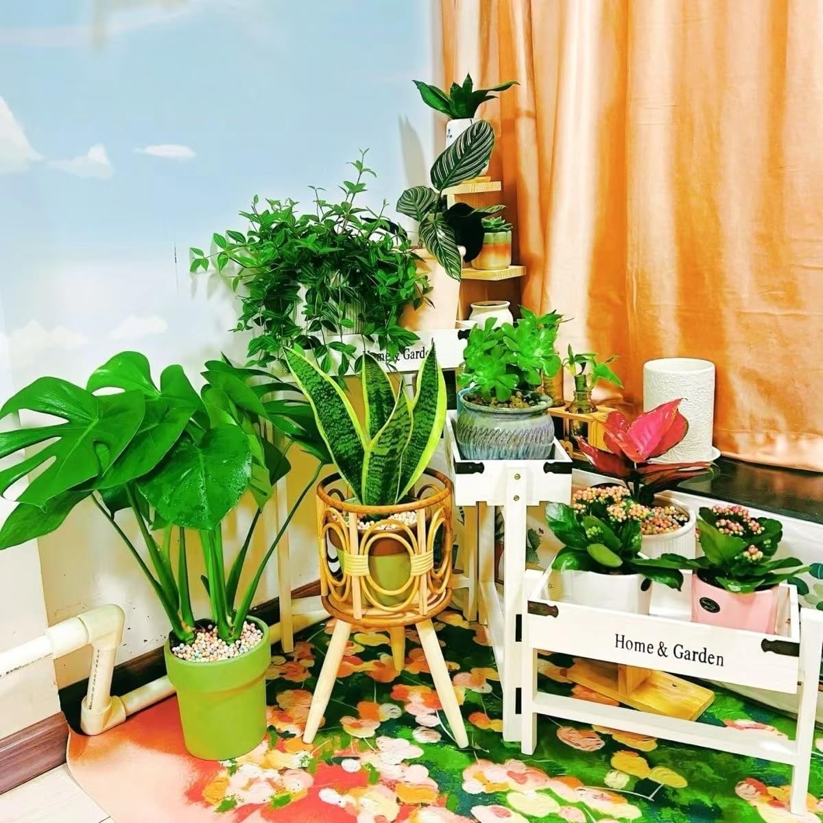 Boho Rattan Plant Stand Indoor Outdoor - 2 Rattan Wicker Planter Shelf for Multiple Plants, Mid Century Modern Wooden Flower Pot Holder with Stand, Farmhouse Home Decor for Living Room