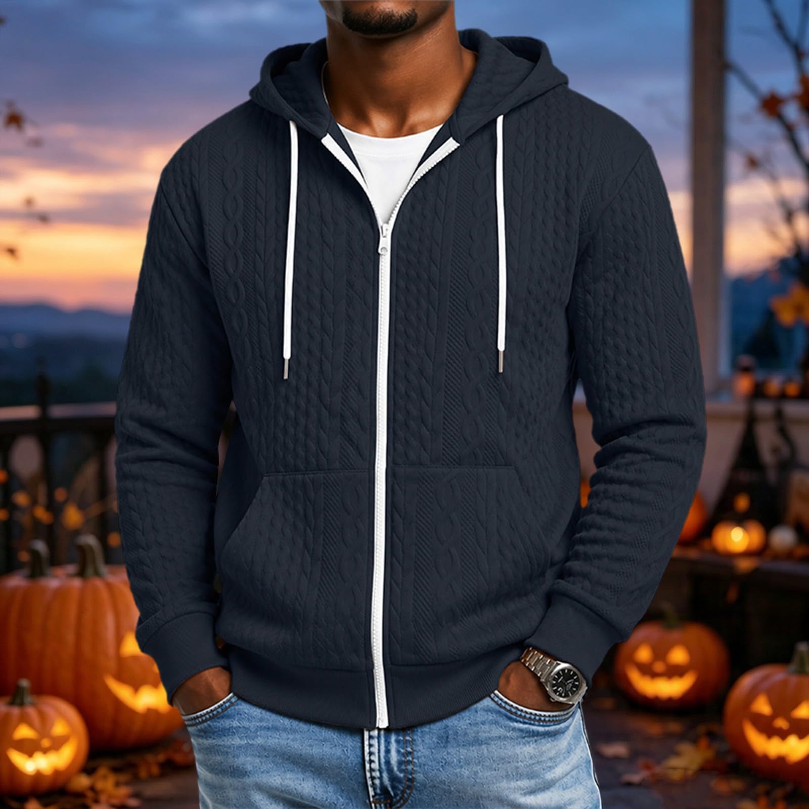 DENGJIAMY Sweat à capuche texturé à fermeture éclair intégrale pour homme