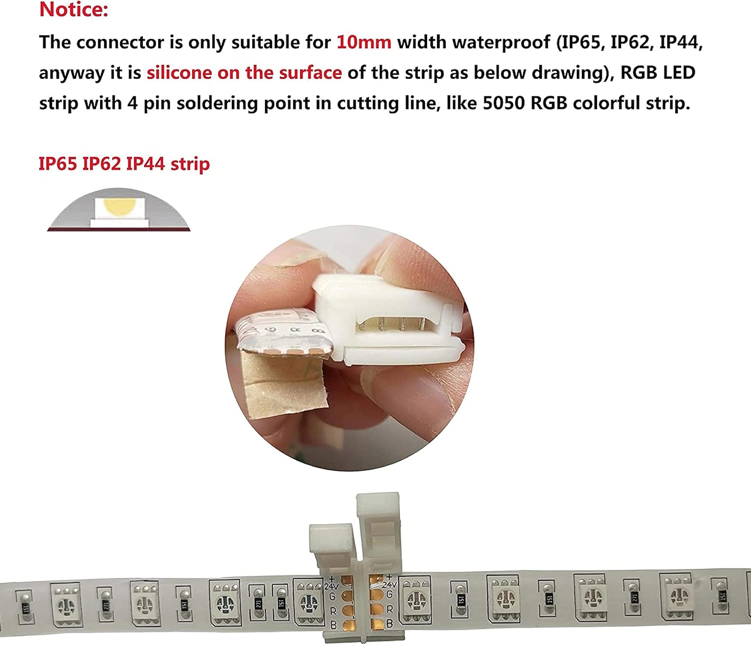 LED Strip Solderless Connector Adaptor for 10mm Wide 5050 RGB Waterproof Led Strip Light (4 Pin RGB Strip Connector), Pack of 10