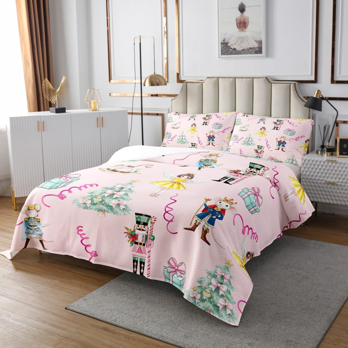 Erosebridal Pink Nutcracker Queen Size Quilt Set for Kids, Fairy Girls Rocking Horse Pink Streamers Bedspread for Teen Girls, Xmas Tree Coverlet, Mouse King Bedding Set