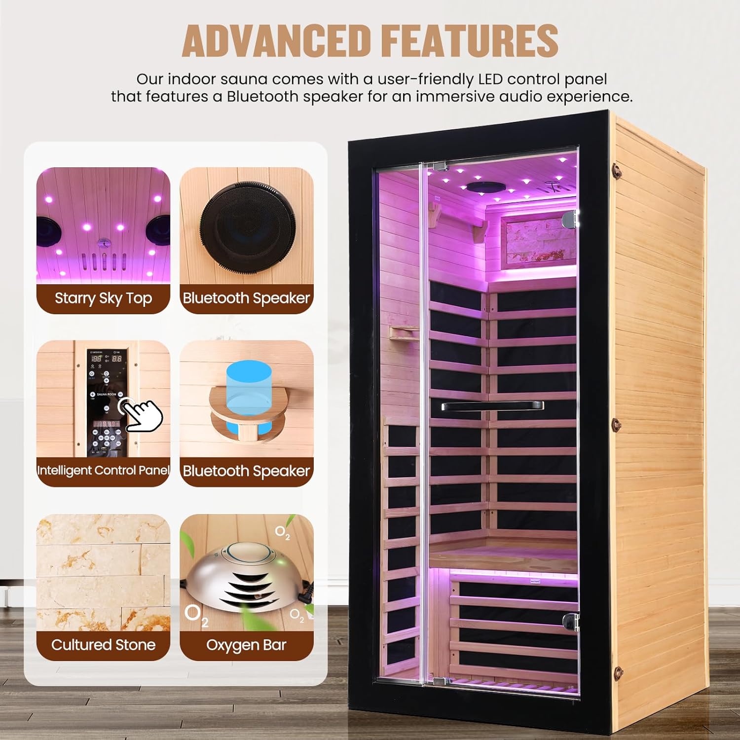 One Person Sauna Far Infrared Saunas Room Canadian Hemlock 1450W Dry Saunas Spa with 7 Starry Sky Light 35.4 * 35.4 * 70.8inch thumbnail