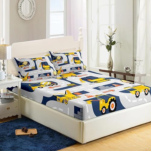 Miniatura 3 de AILONEN Juego de sábanas bajeras de tamaño matrimonial con diseño de excavadoras, vehículos de construcción de dibujos animados, para niños, niños,