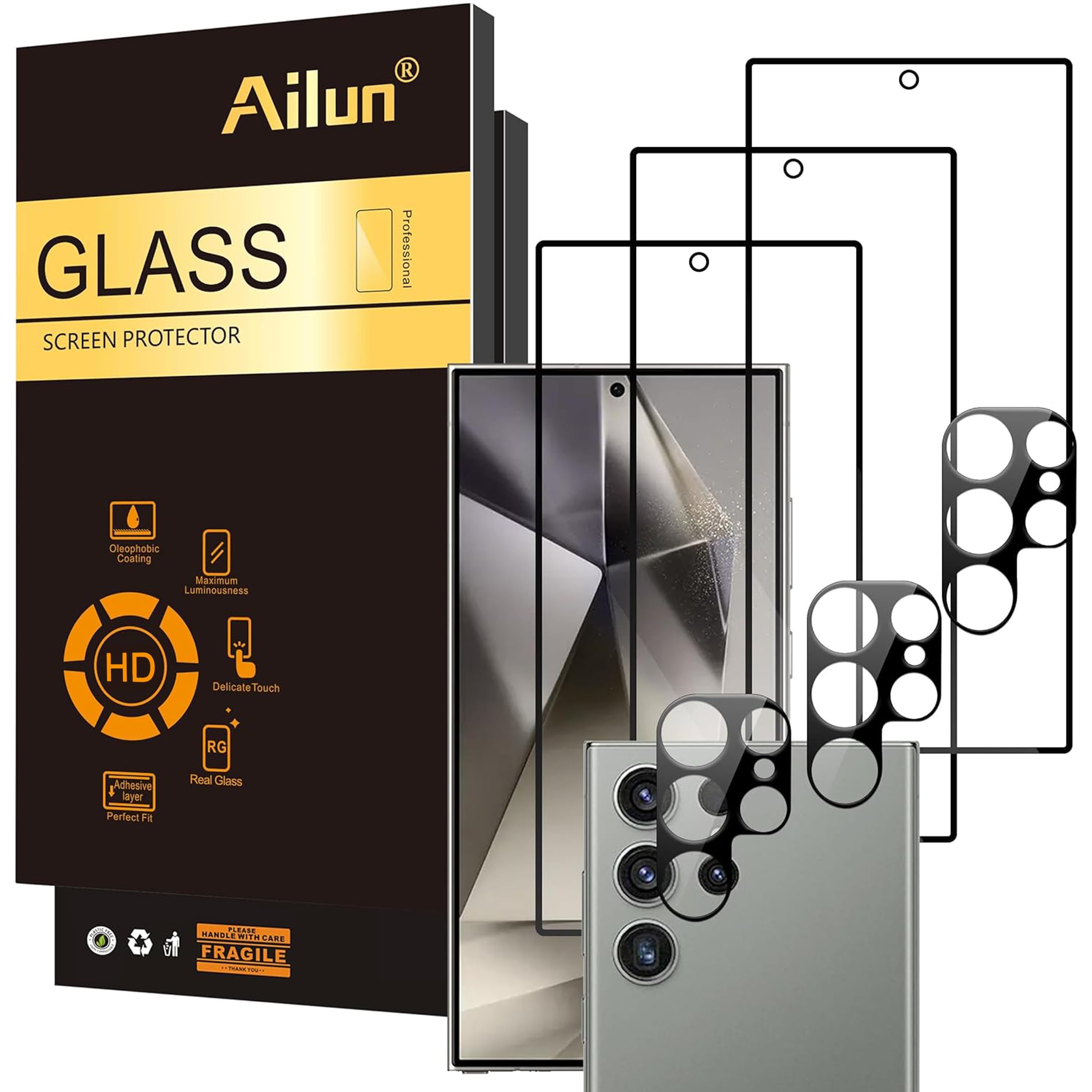 Ailun Screen Protector + Camera Lens Protector for Galaxy S24 Ultra | 3+3 Pack, 6.8 Inch, Tempered Glass, Fingerprint Unlock, 0.25mm Ultra Clear, Case Friendly Transparent S24 Ultra 6.8 inches