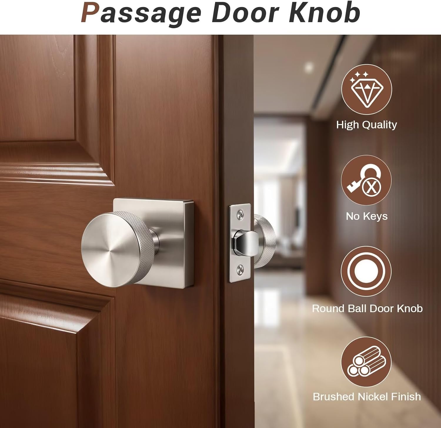 Knobonly 6 Pack Satin Nickel Closet Door Knobs Interior, Keyless Passage Door knobs(Non-Locking), Square Door Knobs for Hallway, Silver Door Handles Zinc Alloy