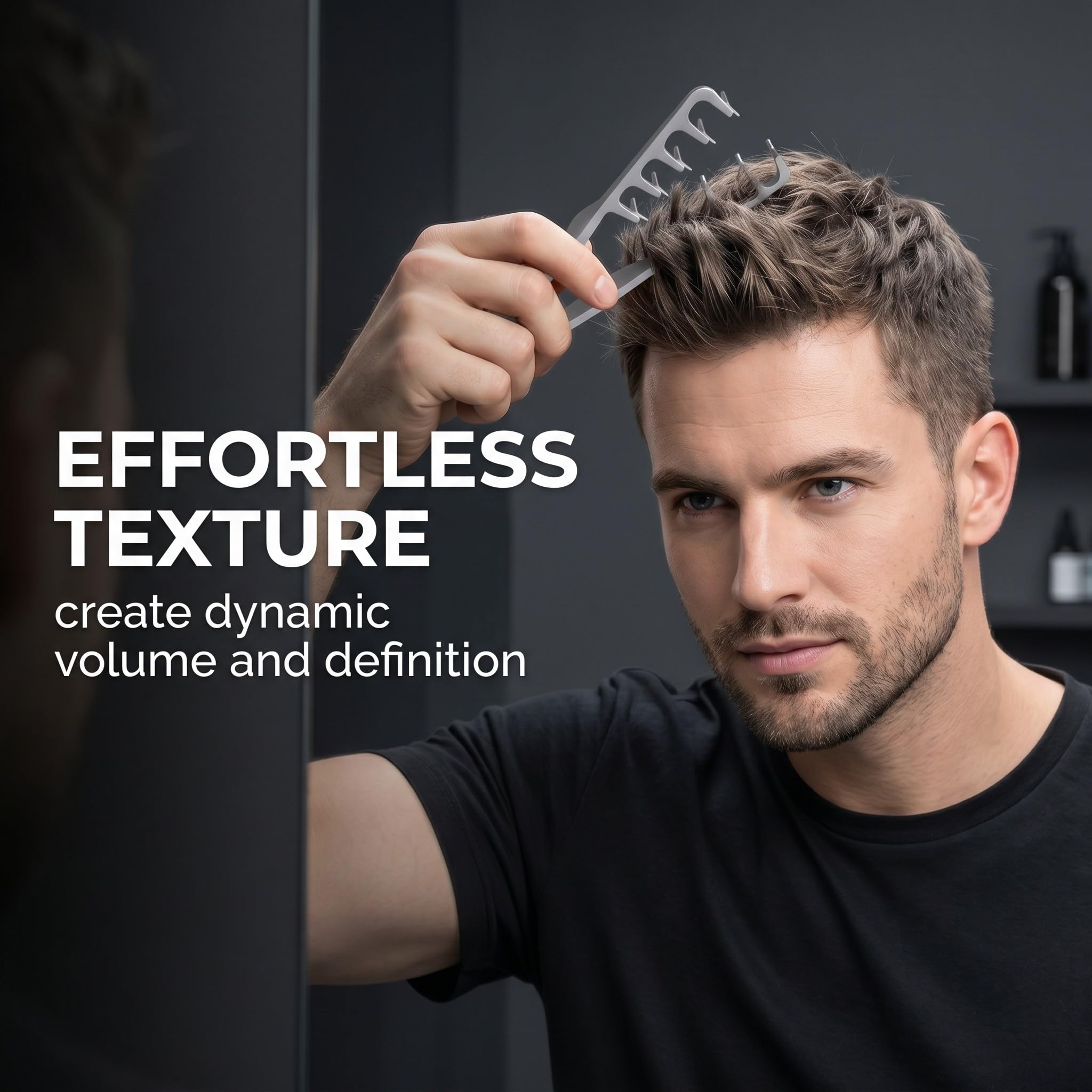 Pettine Uomo Set 3 Pezzi per Styling e Volume: Denti Larghi e Texture per Ciuffo Graffiato, Capelli Mossi e Ricci, Kit Professionale Nero Grigio