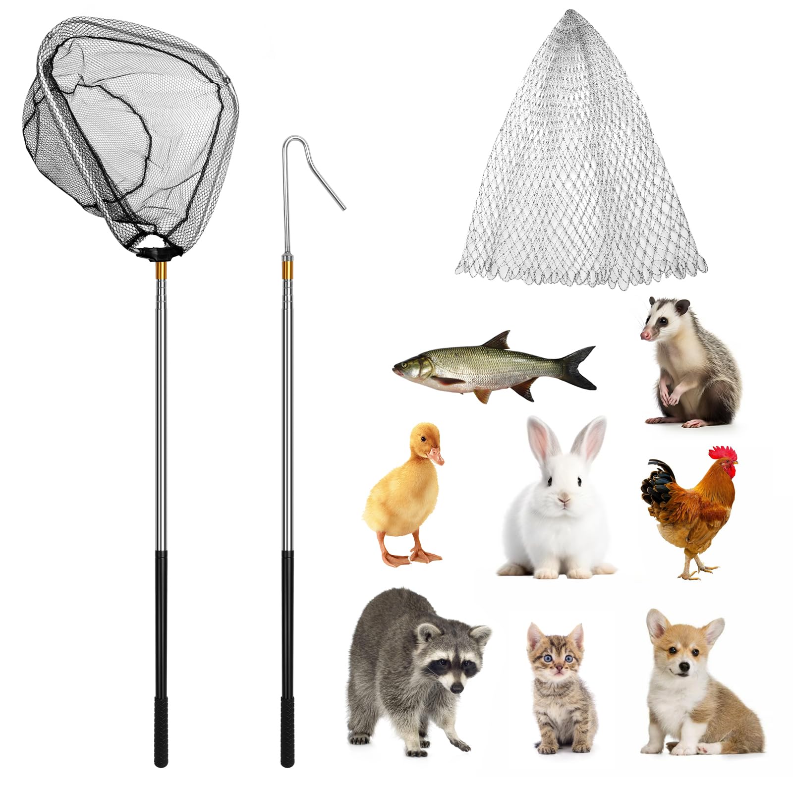 Kit de filet de pêche évolutif pour volaille, crochets et filet de pêche rétractables pour volailles(145cm de longueur extensible), pour Dinde, Oie, Canard, Oiseaux, Petits Animaux et Poissons