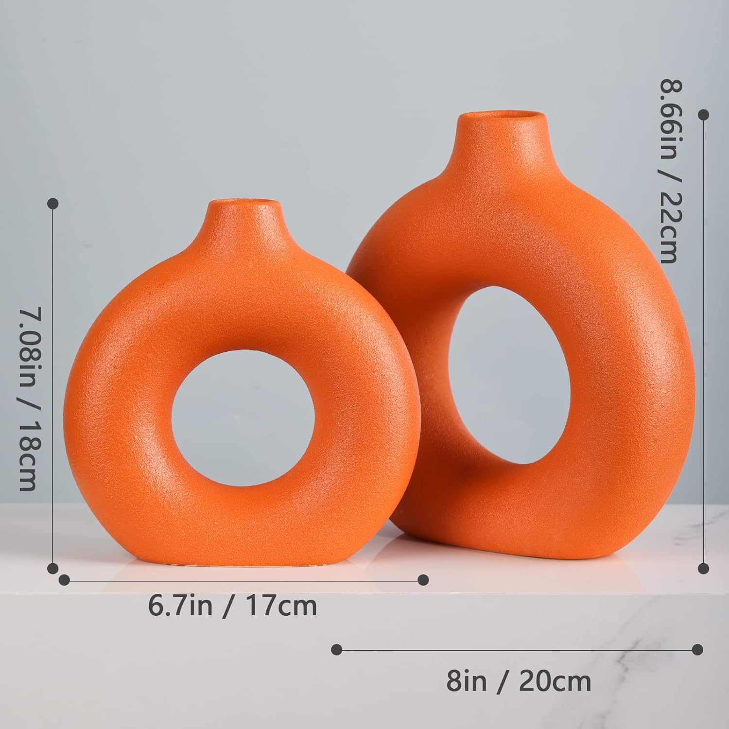 Orange Ceramics Vase for Home Decor,Minimalist Nordic Hollow Donut Vase Set of 2,Modern Boho Decor for Kitchen Table Centerpiece,Living Room,Fire Place,Bookshelf,Office,Entryway,Console