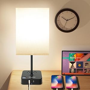 COZOO Bedside Table Desk Lamp with 2 USB Charging Ports and 2 Outlets Power Strip,Charger Base with White Fabric Shade,LED Light Home Decor for Bedroom/Nightstand/End Table/Living Room/Dorm/Room Decor