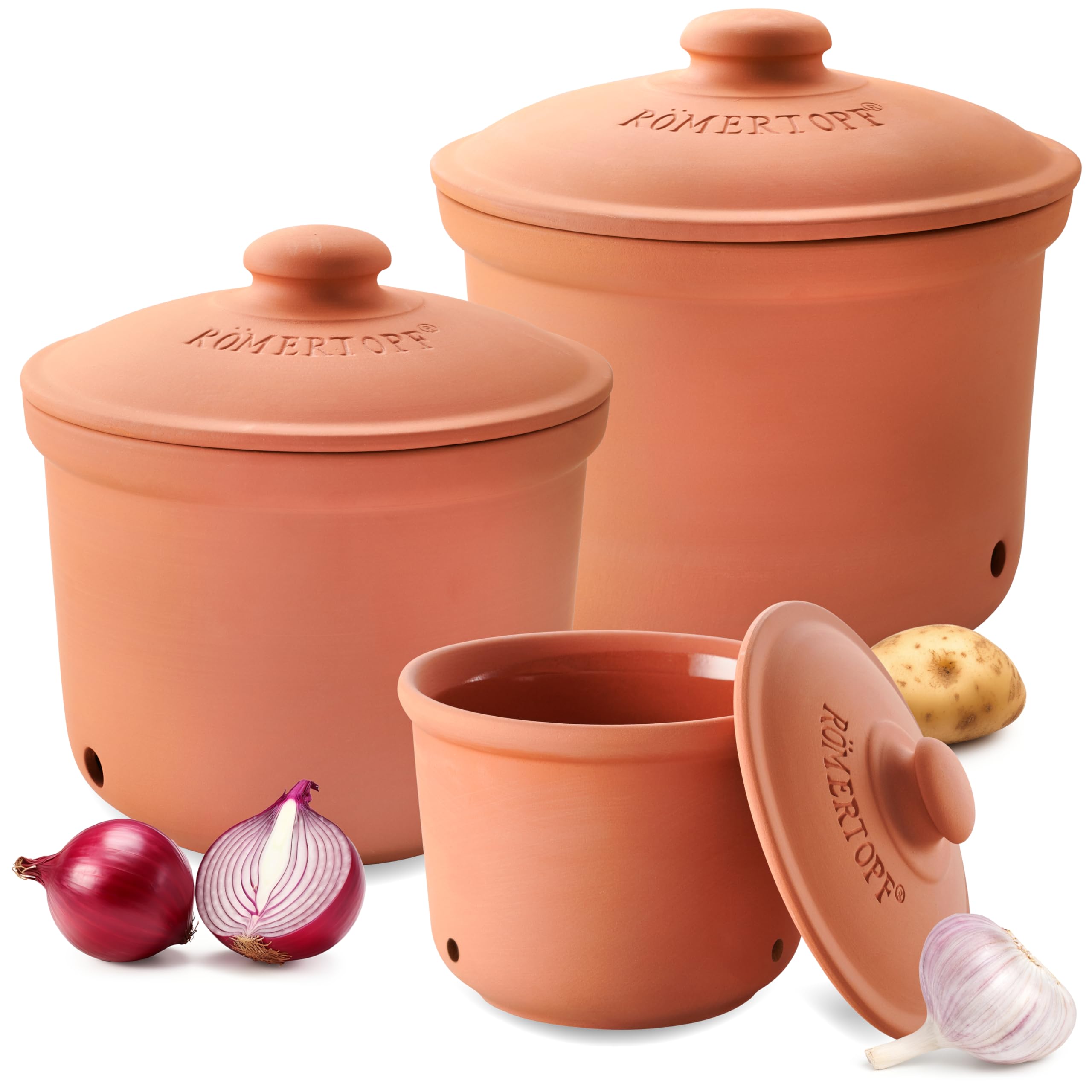 Römertopf zestaw 3 garnków – czosnek, cebula i ziemniaki, ceramiczne pudełko do przechowywania – oddychająca glina utrzymuje świeżość warzyw dłużej – terakota
