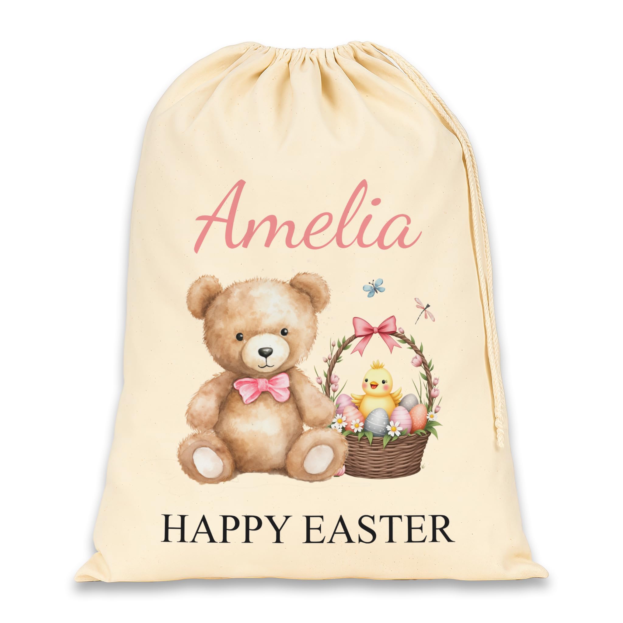 Chicken Craft Personalised Easter Sack - Custom Name Cotton Easter Gift Bag - Teddy Bear & Basket Design - Easter Egg Hunt & Treat Bag for Kids (Happy Easter, Pink)