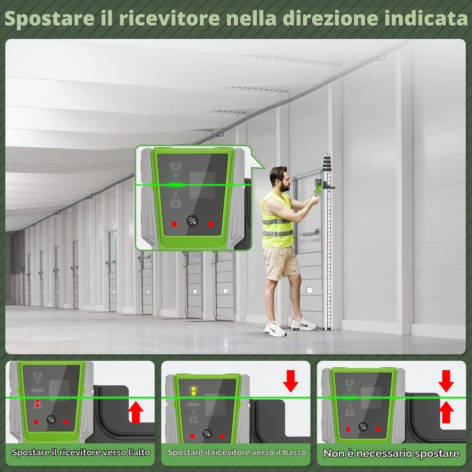 Rilevatore laser Huepar LR-8RG per livellamento laser, ricevitore laser digitale per raggio verde e rosso, display LED bifacciale e magnete, doppia lampada e cicalino da 90 dB