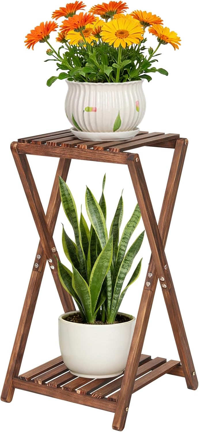 Plant Stand Indoor,Wooden 2 Tier Plant Stands,Corner Square Plant Shelf,Rustic Flower Stand Tall Plant Holder for Living Room Bedroom Balcony Office