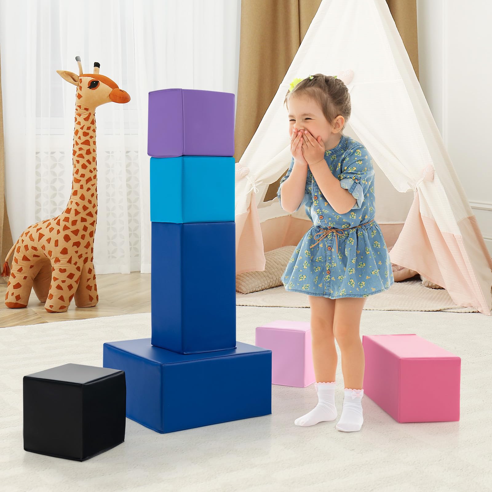 COSTWAY 7 TLG. Schaumstoff Bausteine, Softbausteine quadratisch & rechreckig, Bunte Riesenbausteine weich zum Klettern, Schaumstoffwürfel für Baby & Kinder ab 1 Jahr