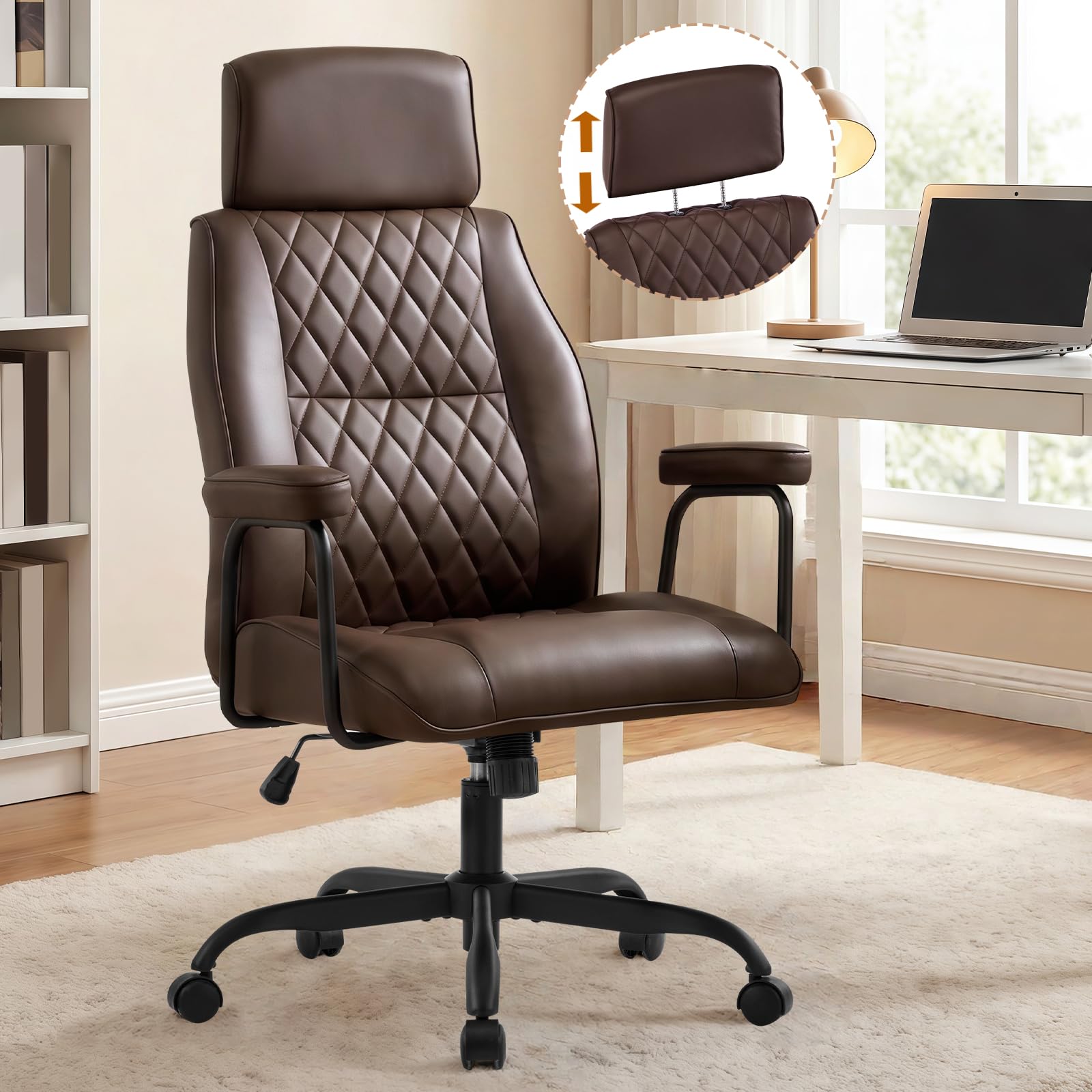 Bürostuhl Ergonomisch, Schreibtischstuhl mit Verstellbarer Kopfstütze, PU Leder Chefsessel mit Gepolsterter Armlehnen und Höhenverstellbar, Neigefunktion, Drehstuhl, Dunkelbraun
