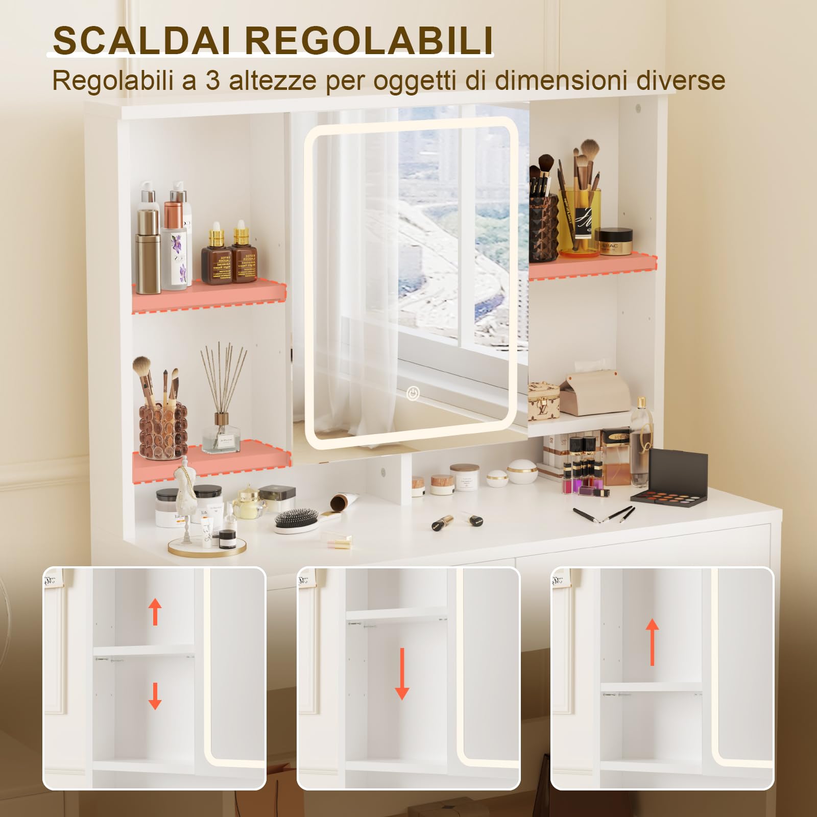 Airfish Toeletta da Trucco con Luci,3 Colori con Luminosità Regolabile,Postazione Trucco con Sgabello,Tavolo da Trucco con 2 Cassetti, Moderno Bianco