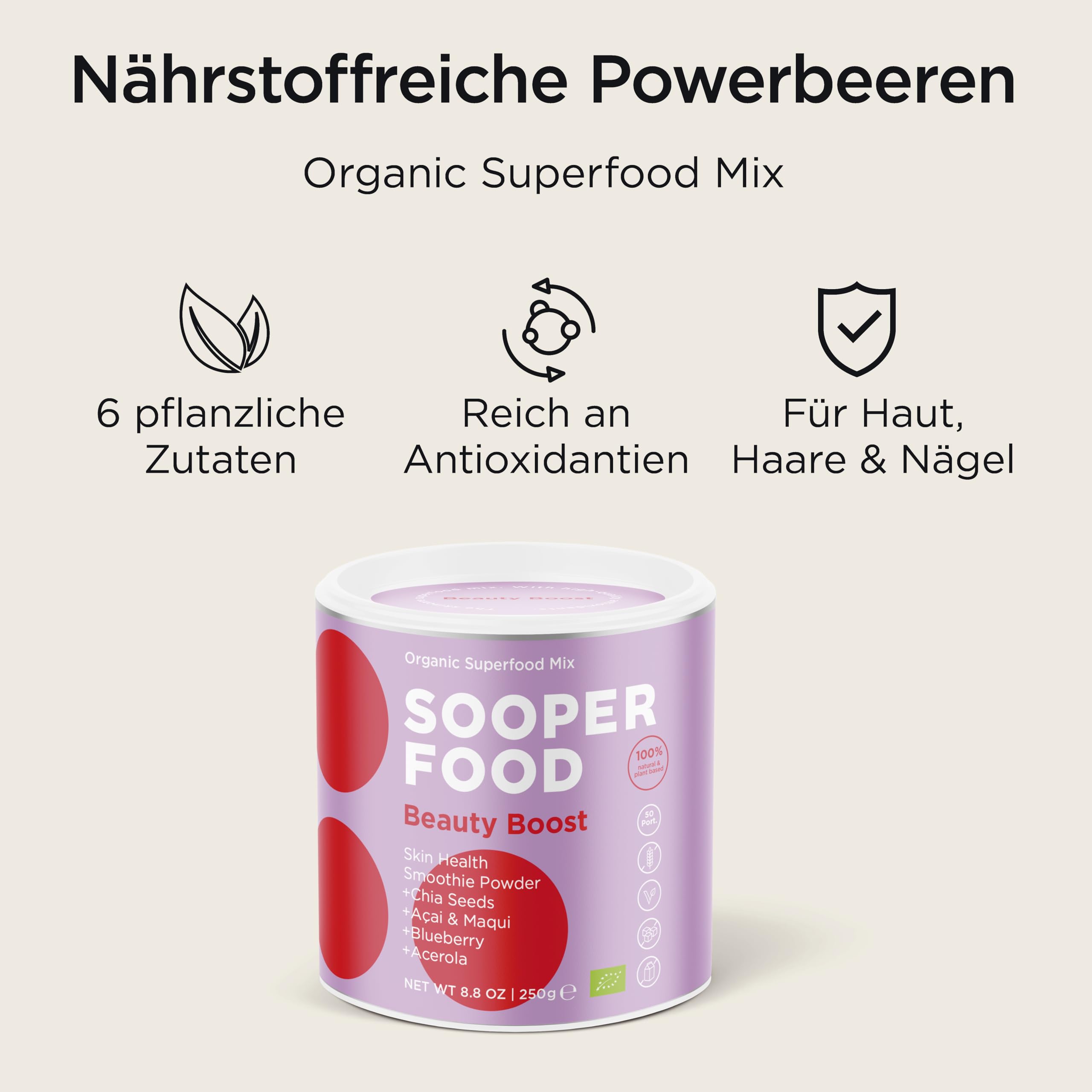 SOOPER FOOD® Beauty Boost 250g Pulver - Bio-Vegan-Addon im Superfood-Smoothie - Fruchtpulvermischung mit Bio-Macapulver, Lúcuma, Banane, Açai-Beeren, Acerola, Guaraná