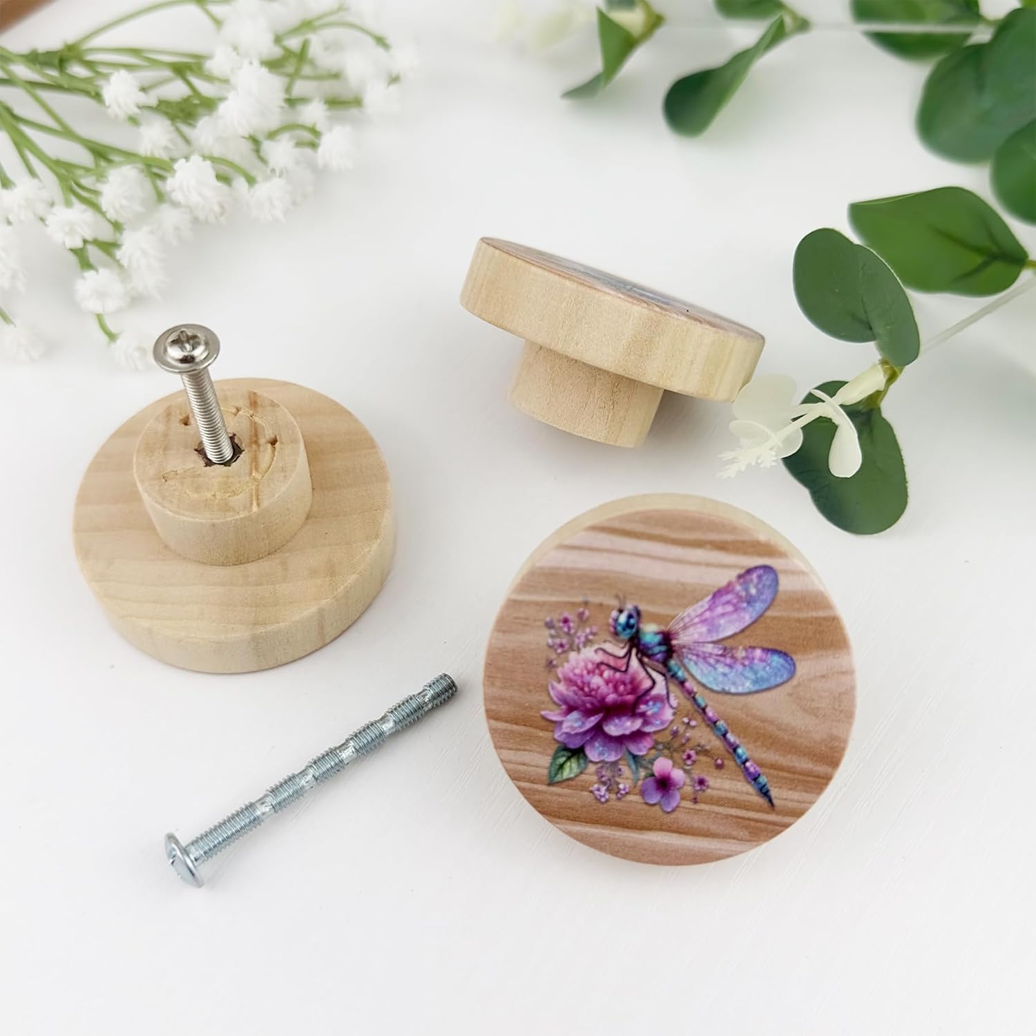 JamJam Set of 8 1.8" Wooden Dragonfly Knobs Farmhouse Unique Cabinet Kitchen Decorative Dresser Drawer Knobs Pull