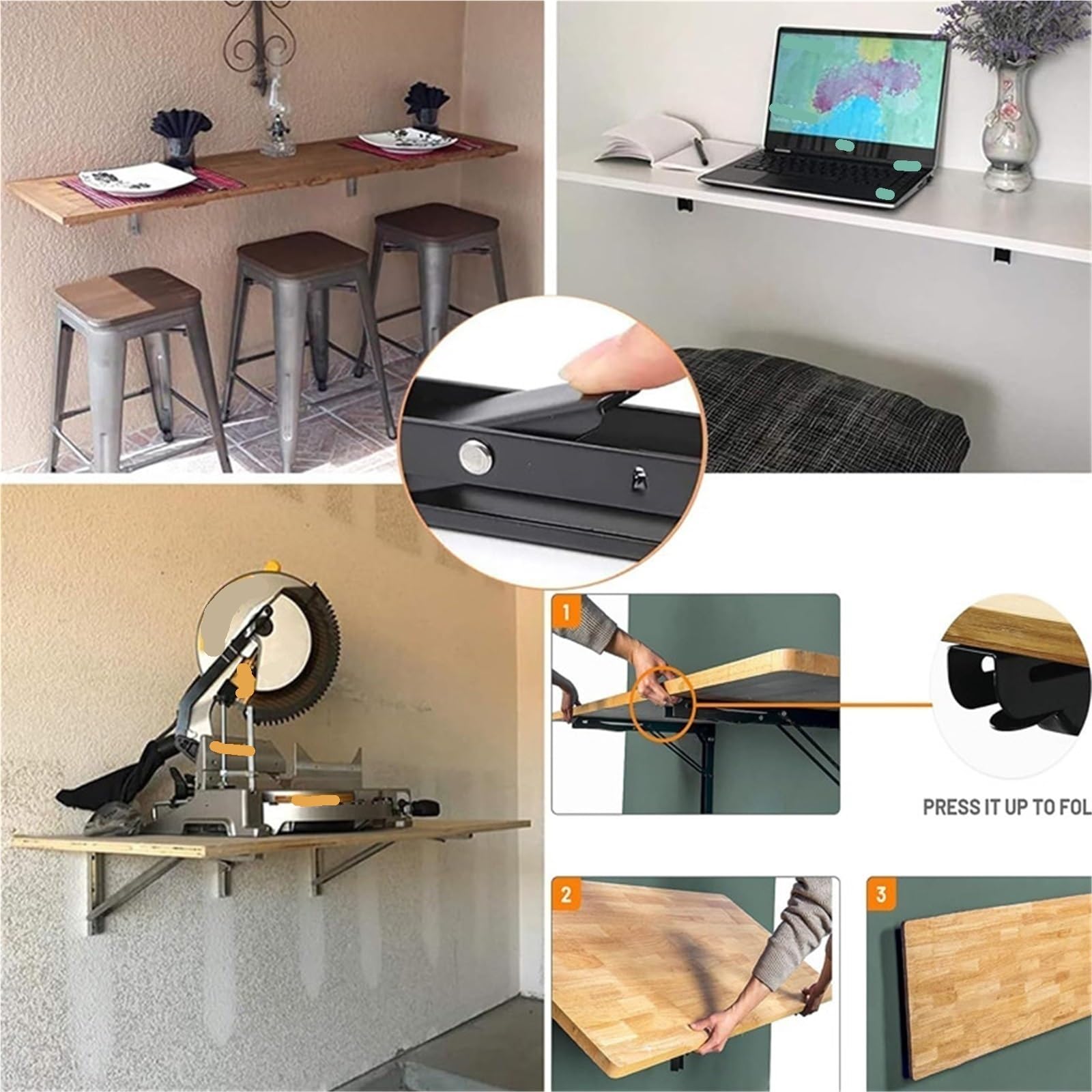 Escuadras Metalicas 2 estantes de pared ajustables con soporte pesado y plegables triangulares for mesa metal(2PCS White 8 inch)