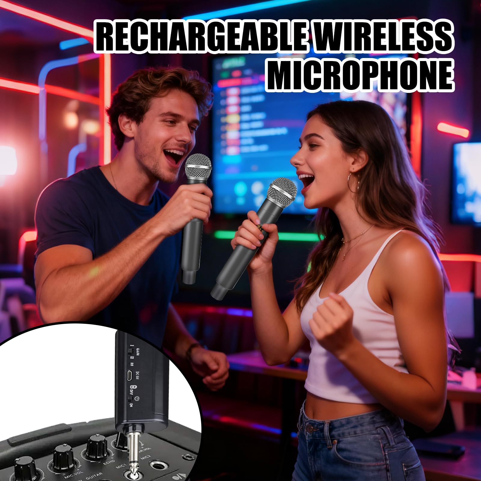 Micrófono Inalámbrico, Micrófono Karaoke, Sistema Doble De Micrófono Dinámico Con Receptor Recargable, Micrófono Con Conexión A Chip Individual, Micrófono Dinámico Para Cantar, Fiesta En Casa, Reunión