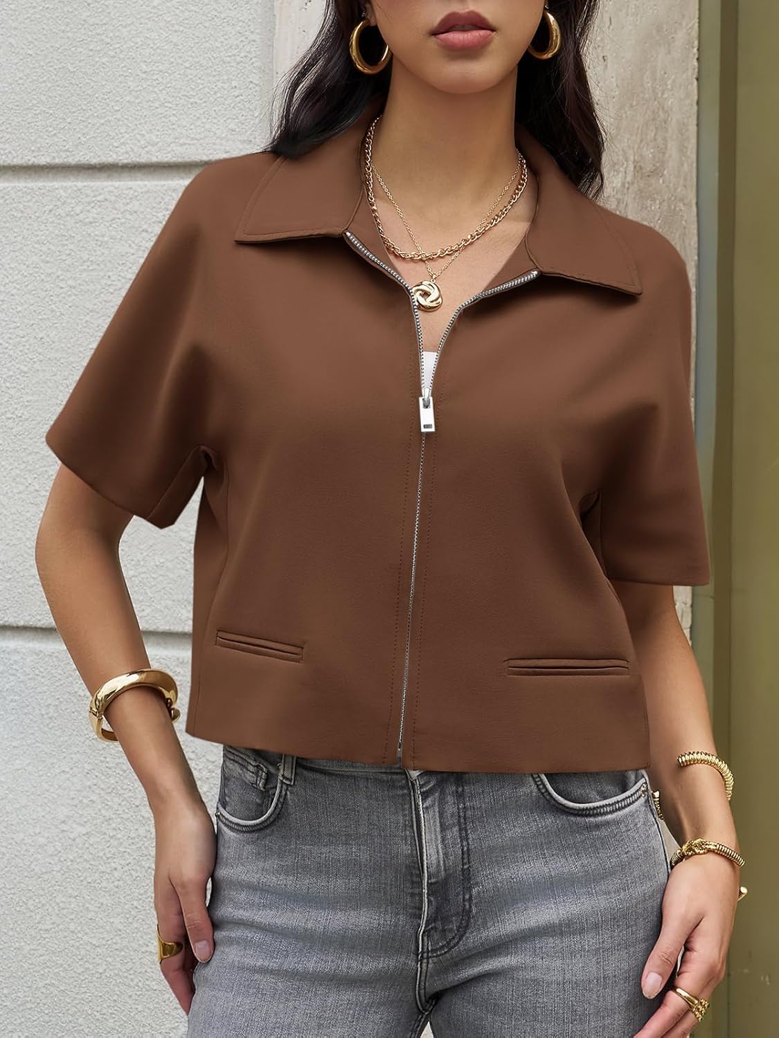 Tankaneo Womens Trendy Vest Top Summer Casual Short Sleeve Zip Up Blazer Cropped Loose Fit Collared Blouses - Image 3