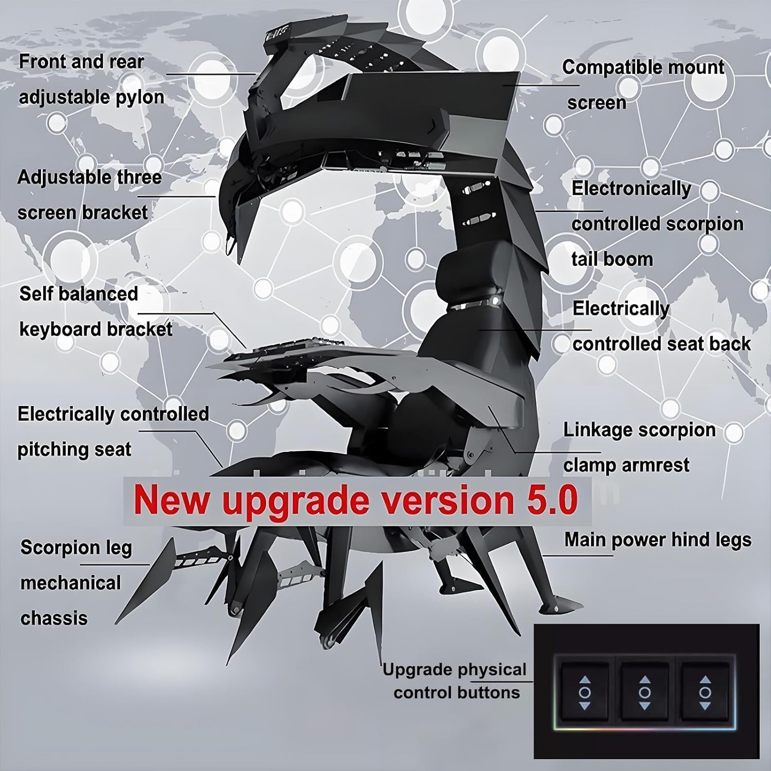 Diagram of the Scorpion Game Chair with various parts labeled, including adjustable pylon, screen bracket, electronic controls, and mechanical chassis.