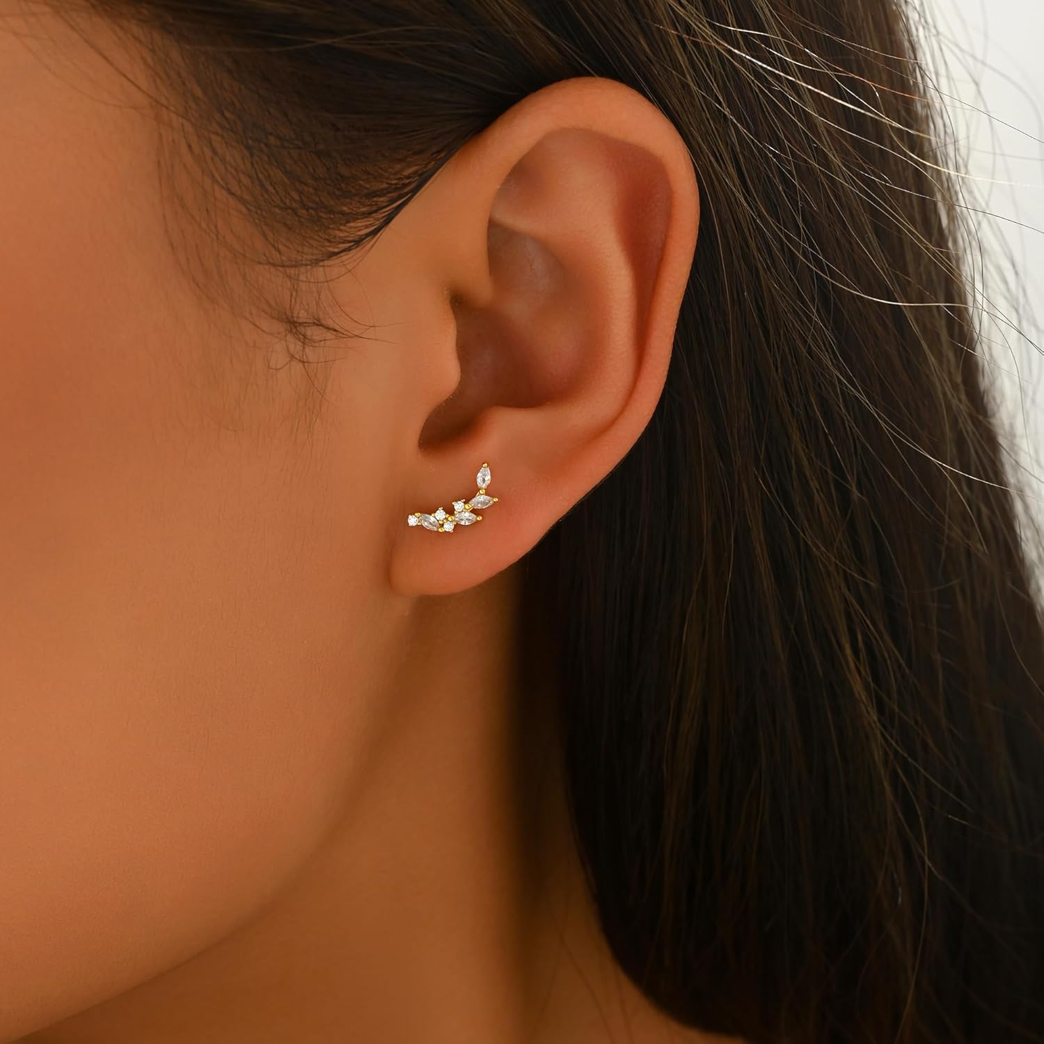 925 Sterling Silver Leaf Ear Crawler Earrings for Women 14k Gold Plated Marquise Cut Cubic Zirconia Climber Stud Earring Hypoallergenic Leaves Earring Jewelry Gifts for Brides Bridesmaid