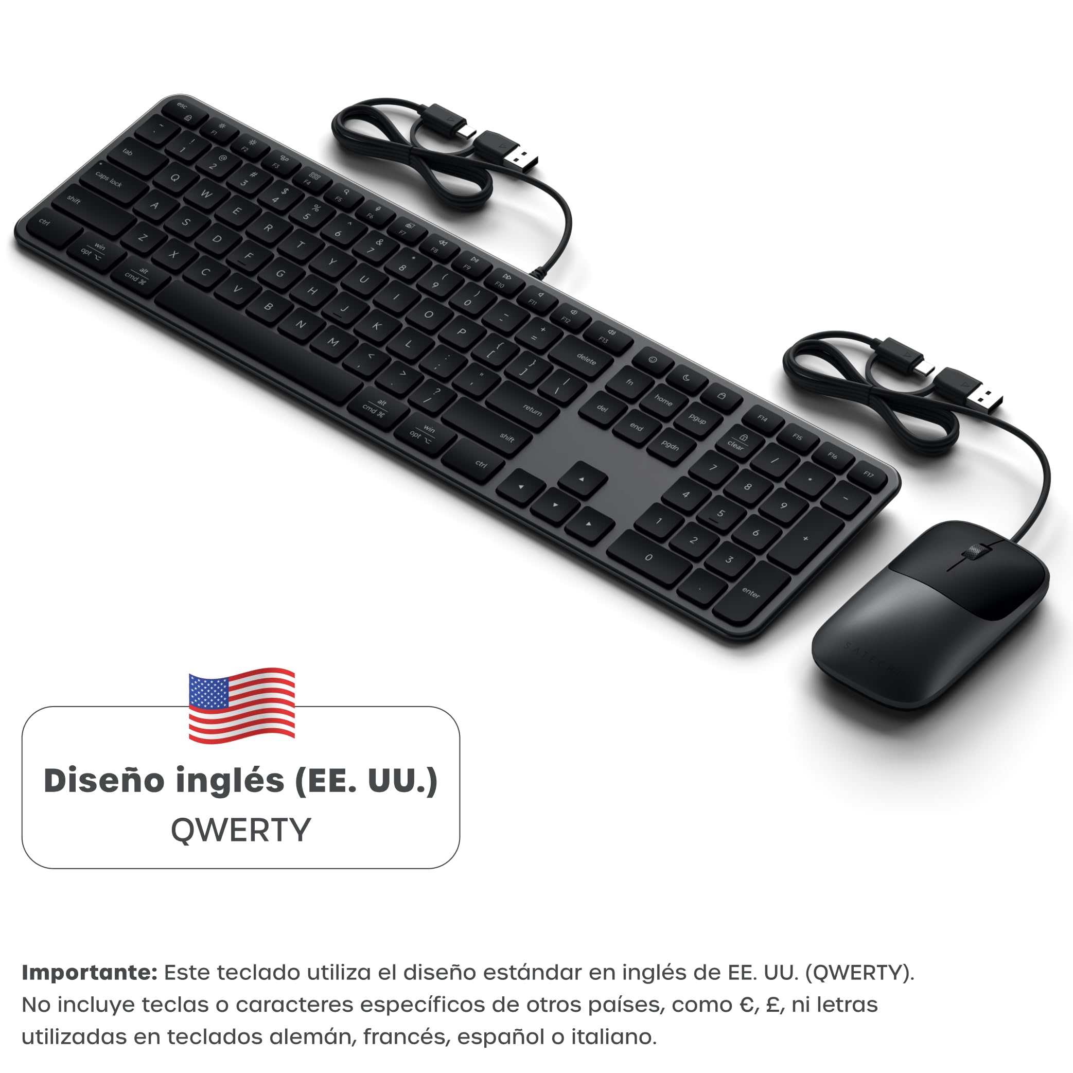 SATECHI Teclado y Ratón con Cable Slim CLX3, QWERTY US, Negro Espacial | Distribución Americana, teclado y ratón con cable, USB-C Plug and Play, para Mac, PC Windows y Android