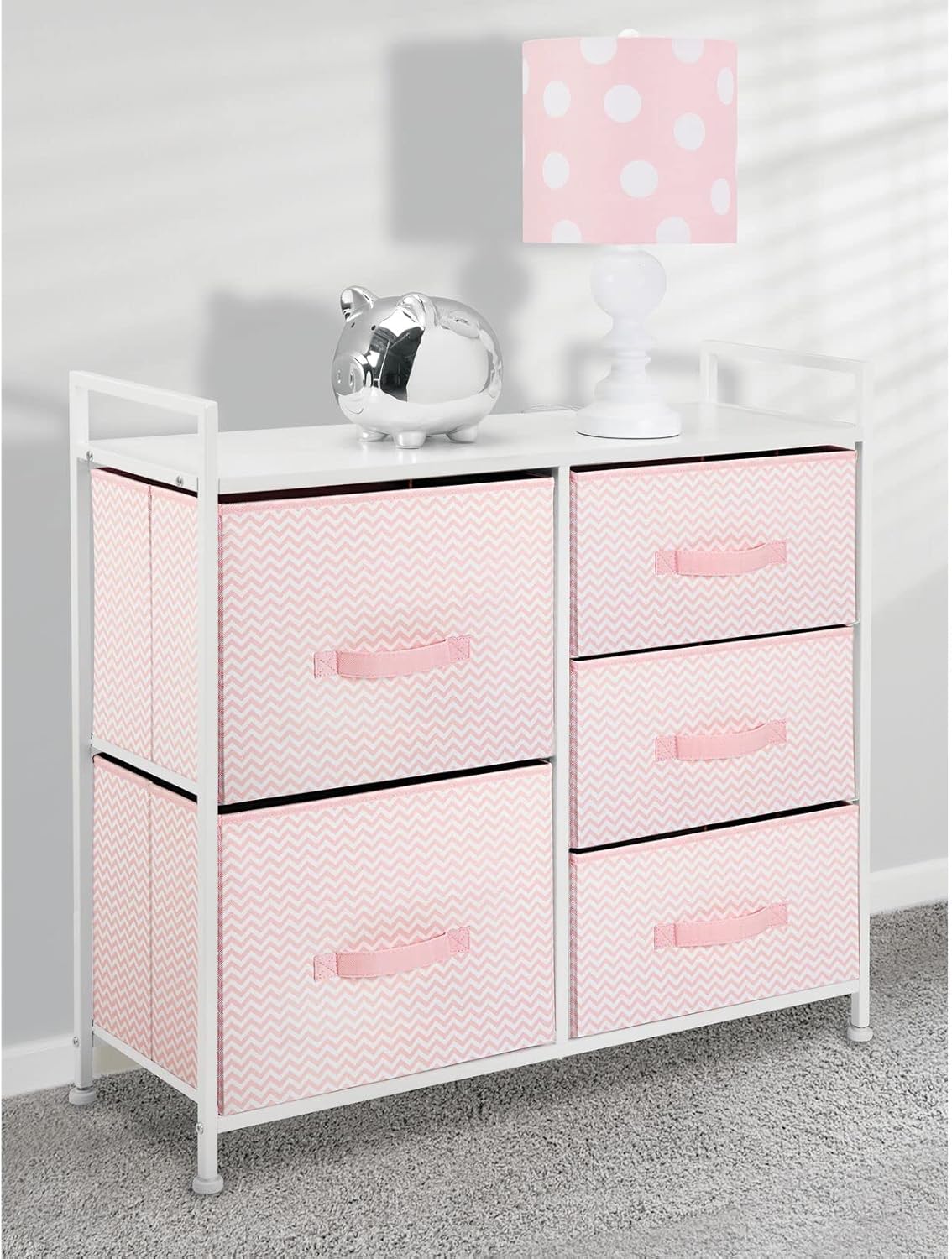mDesign 30.03" High Steel Frame/Wood Top Storage Dresser Furniture Unit with 5 Removable Fabric Drawers - Tall Bureau Organizer for Bedroom, Living Room, Closet - Spira Collection - Pink/White