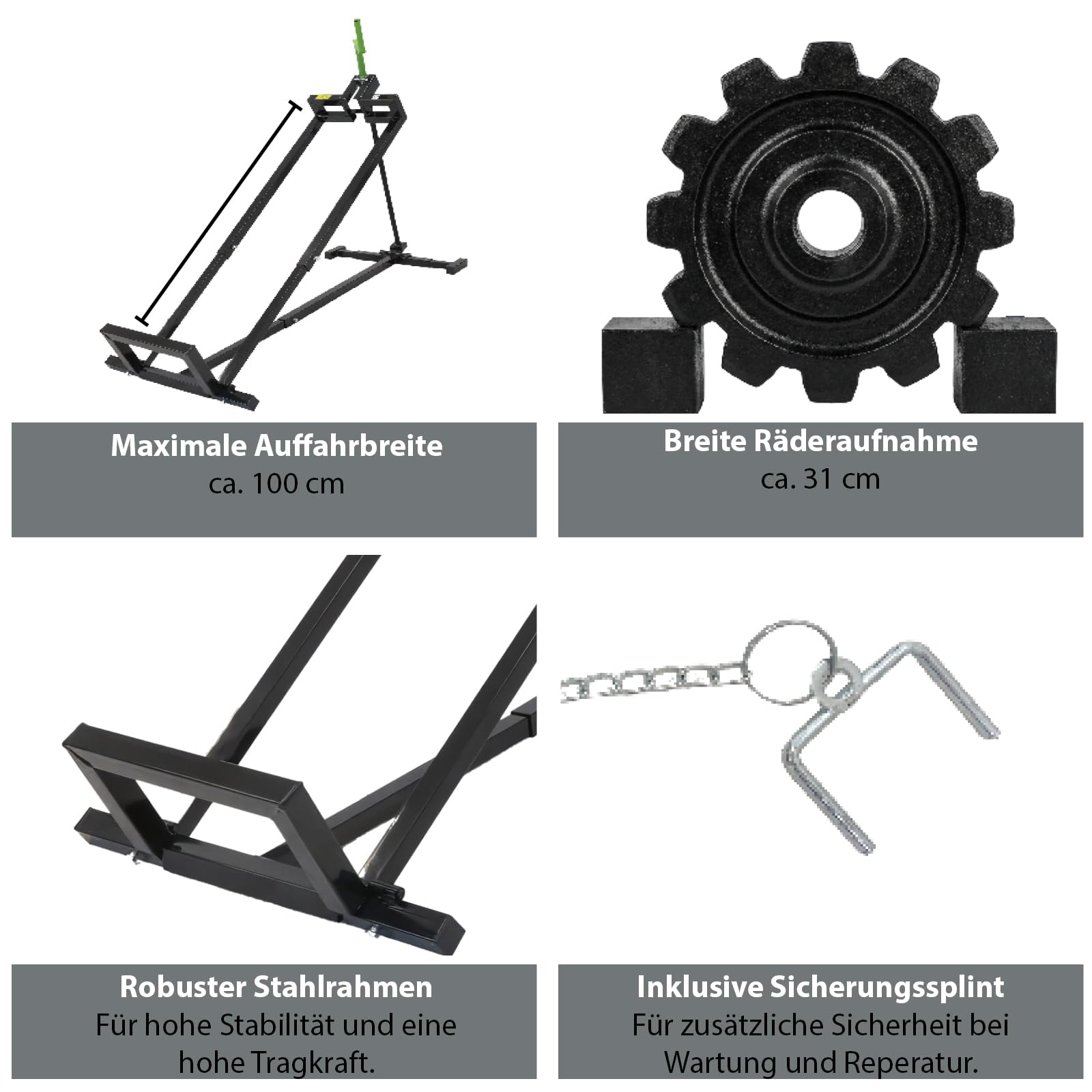 TRUTZHOLM Rasentraktorheber Heber für Rasentraktoren, Aufsitzmäher, 400 kg, Handkurbel und Adapter für Akkuschrauber Betrieb, stufenlos verstellbar, Neigung verstellbar platzsparend verstauen