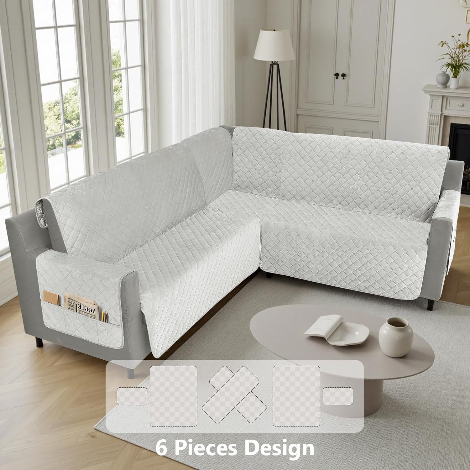 Waterproof Sectional Couch Covers for Dogs 6 Piece Pet Couch Covers for Sectional L Shape Sofa Cover Washable Velvet Corner U Shaped Sofa Slipcovers Non Slip (XX-Large, Light Gray)