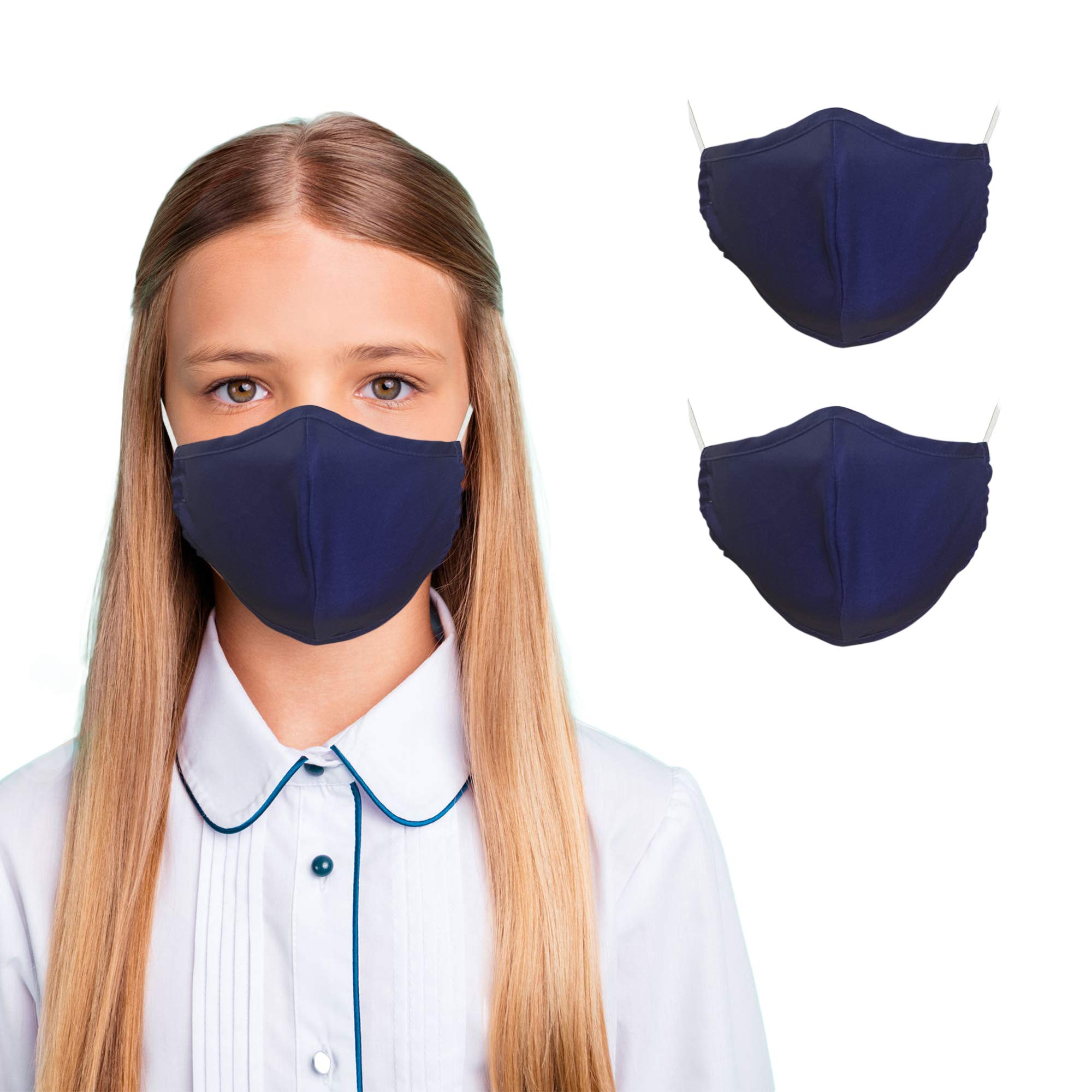 Primeware Inc. Reusable Face Mask for Kids | Navy Blue | Breathable 2 Ply Cloth Fabric Children’s Mask | 2 Pack