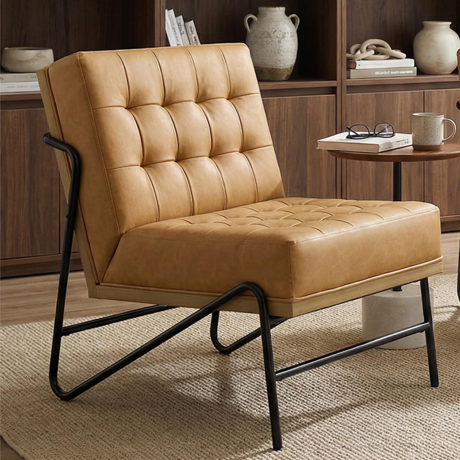 chairus Fauteuil Scandinave Cuir PU Chaise de Chambre Confortable, Marron