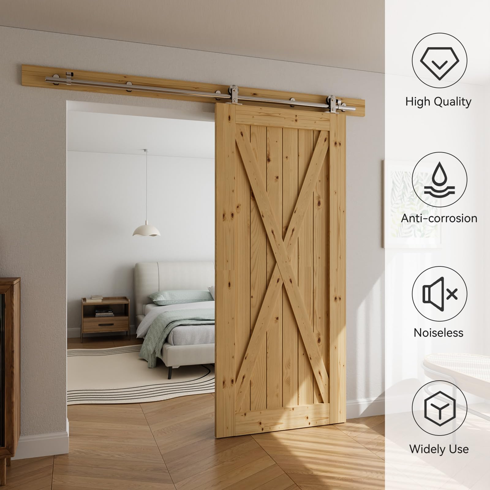 Rail Porte Coulissante Inox 200cm Kit Roulette Suspendue Systeme Noir pour 1 Porte Coulissante Interieur 100cm Large, Acier Inoxydable T Forme