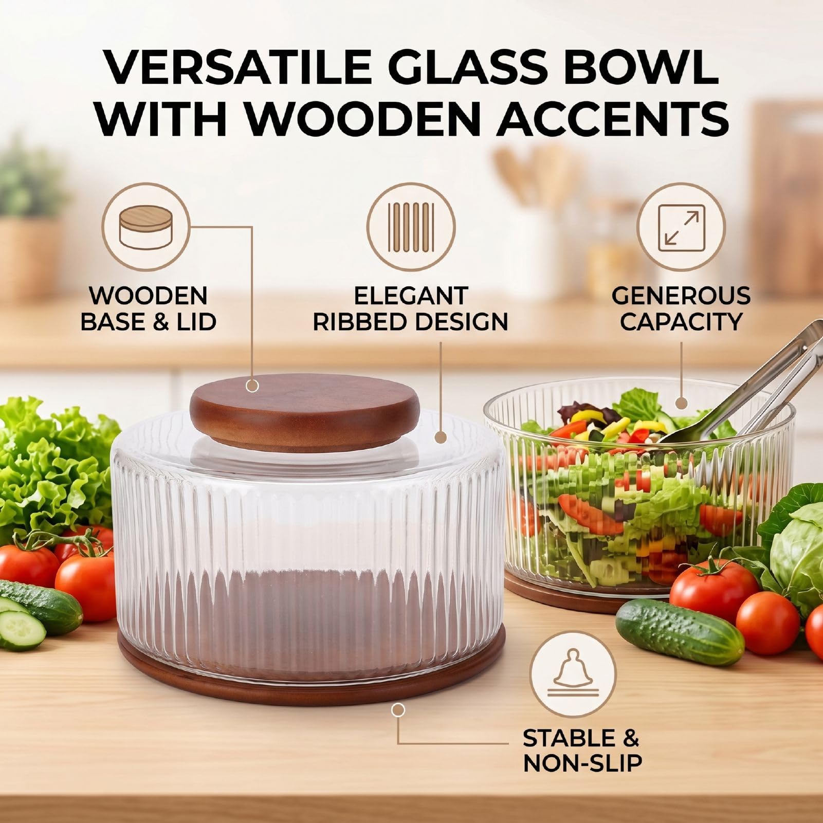 Haofy Ensaladera de Vidrio 9.06x5.91x5.71 Pulgadas 1700g Tazón de Vidrio Acanalado de Gran Capacidad con Tapa de Madera, Tazón Transparente para Servir para Cenas Familiares Ensaladas (claro)