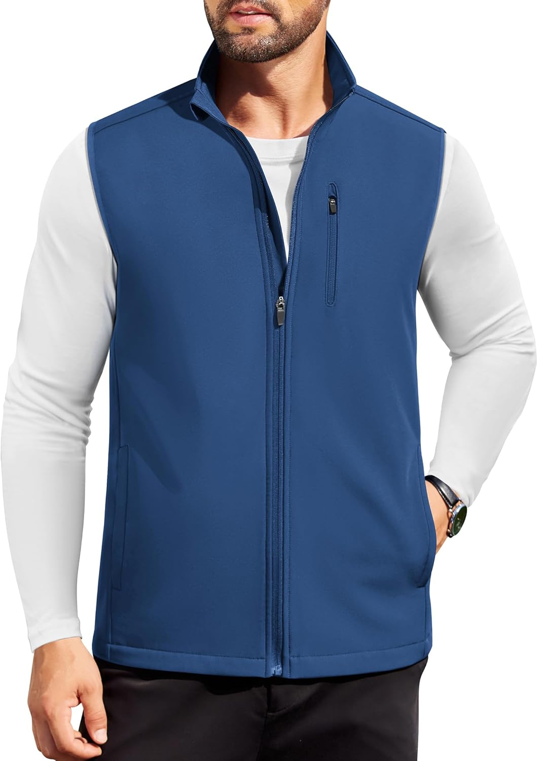 COOFANDY Mens Softshell Vest Lightweight Sleeveless Windproof Jacket Fleece Lined Vest With Pocket, Navy Blue, Large