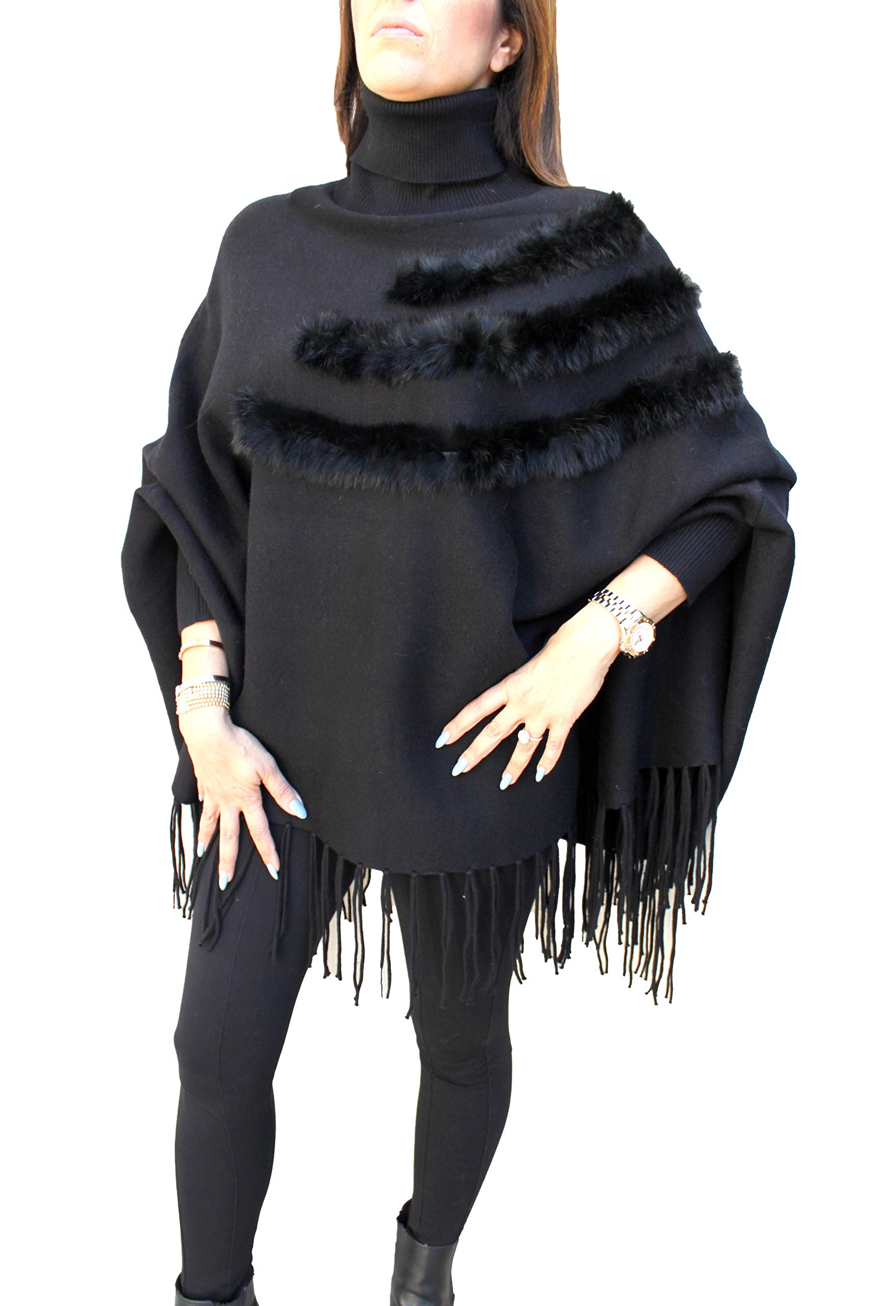 FashionPoshTurtle Neck Poncho Cape with Rabbit Fur Detailing