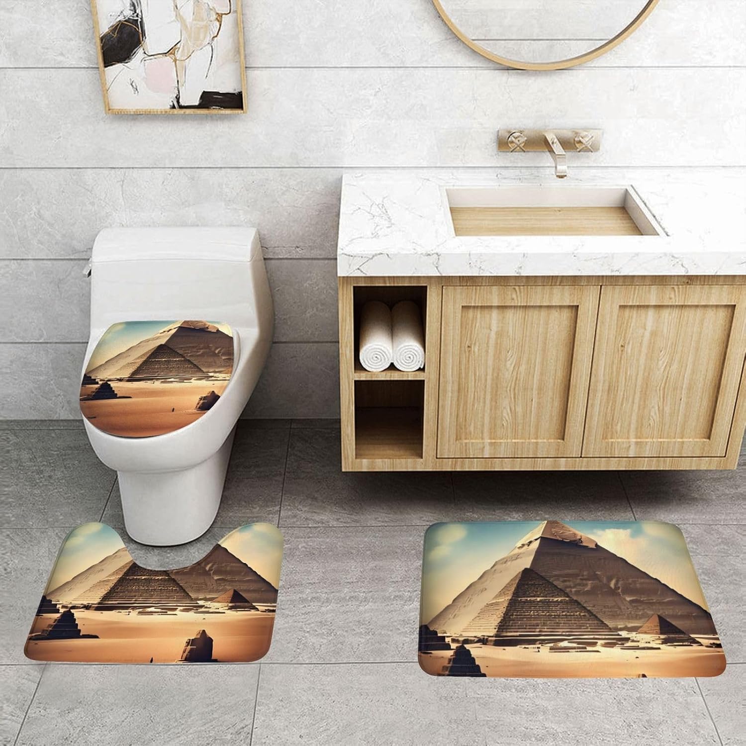 Dreaming of The Pyramids of Khufu Print Bathroom Rug 3 Pieces Bathroom Rugs Bath Set Ultra Soft Carpet Mats Absorbent with U-Shaped Toilet for Toilet Bath Mat Set