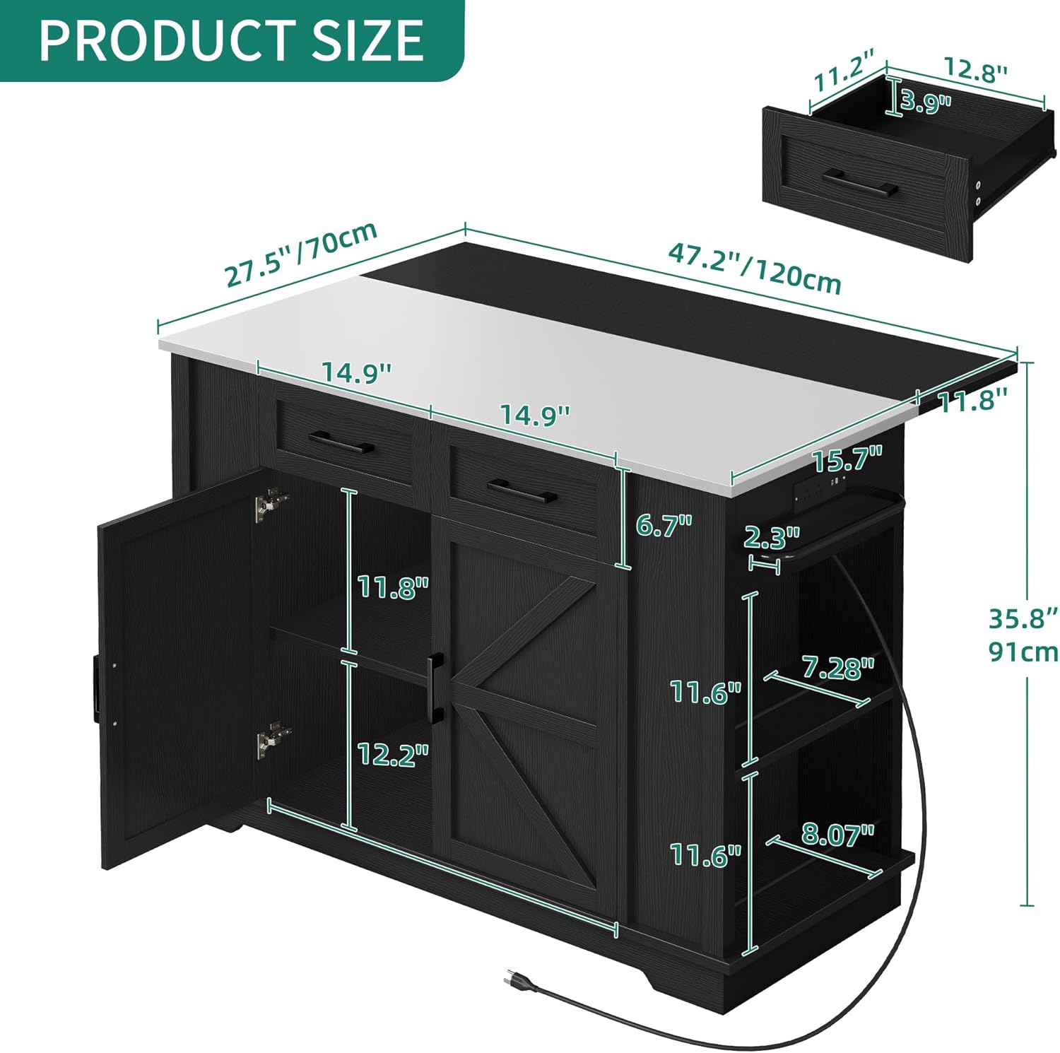 YITAHOME Kitchen Island with Drop Leaf, 47 Inch Mobile Stroage Islands with Stainless Steel Top, Rolling Island Table with Power Outlet, Adjustable Shelves, Spice Rack, Towel Rack for Kitchen, Black