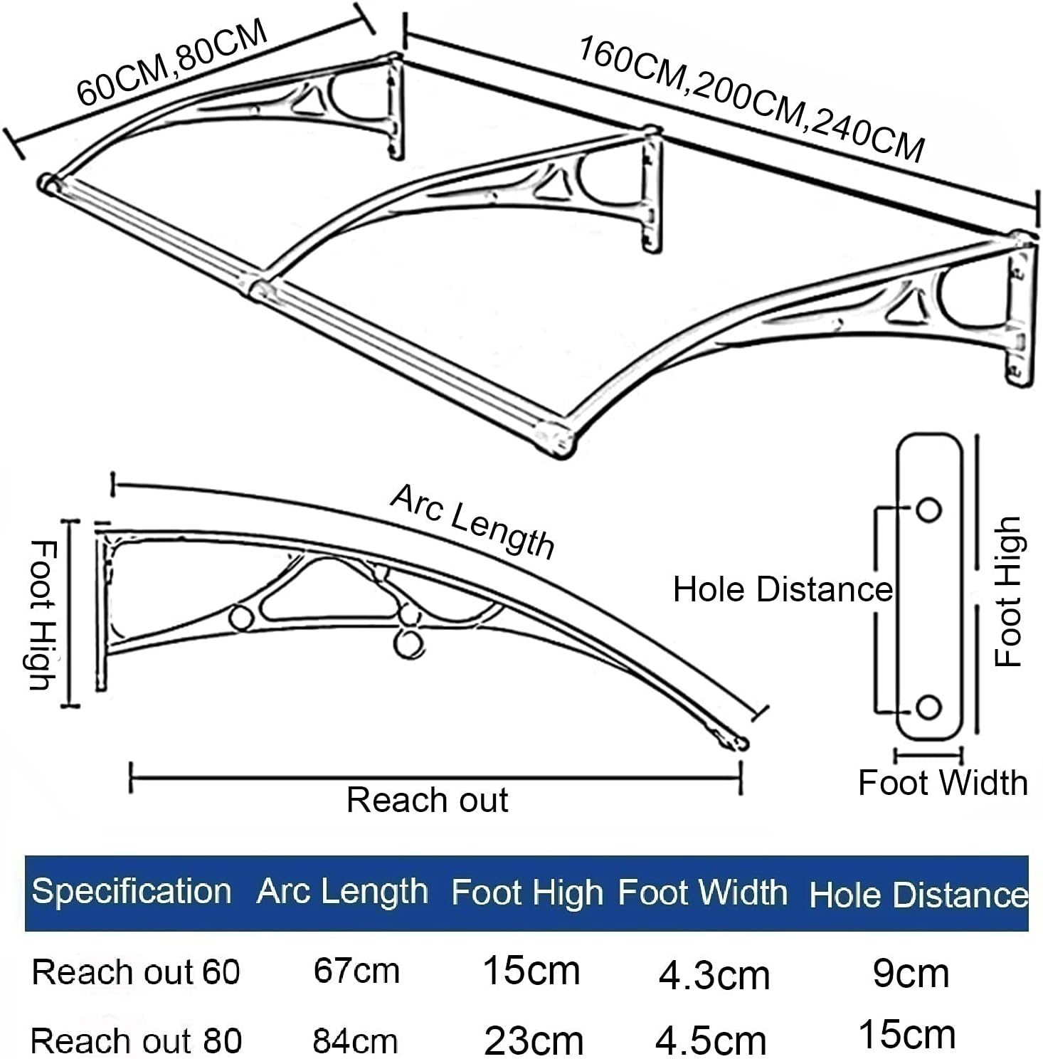 Door Window Awning Rain Shelter Polycarbonate UV Protection Aluminum Bracket Canopy Used for Terrace Porch Eaves 6 Size (Colour: Brown Size: 60 x 200 cm) (Brown 80 x 160 cm)