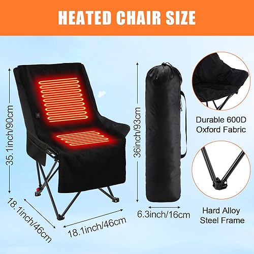 Miniatura 2 de Juego de 2 sillas de campamento con calefacción, sillas plegables portátiles para exteriores con cojín térmico para invierno, pesca, eventos